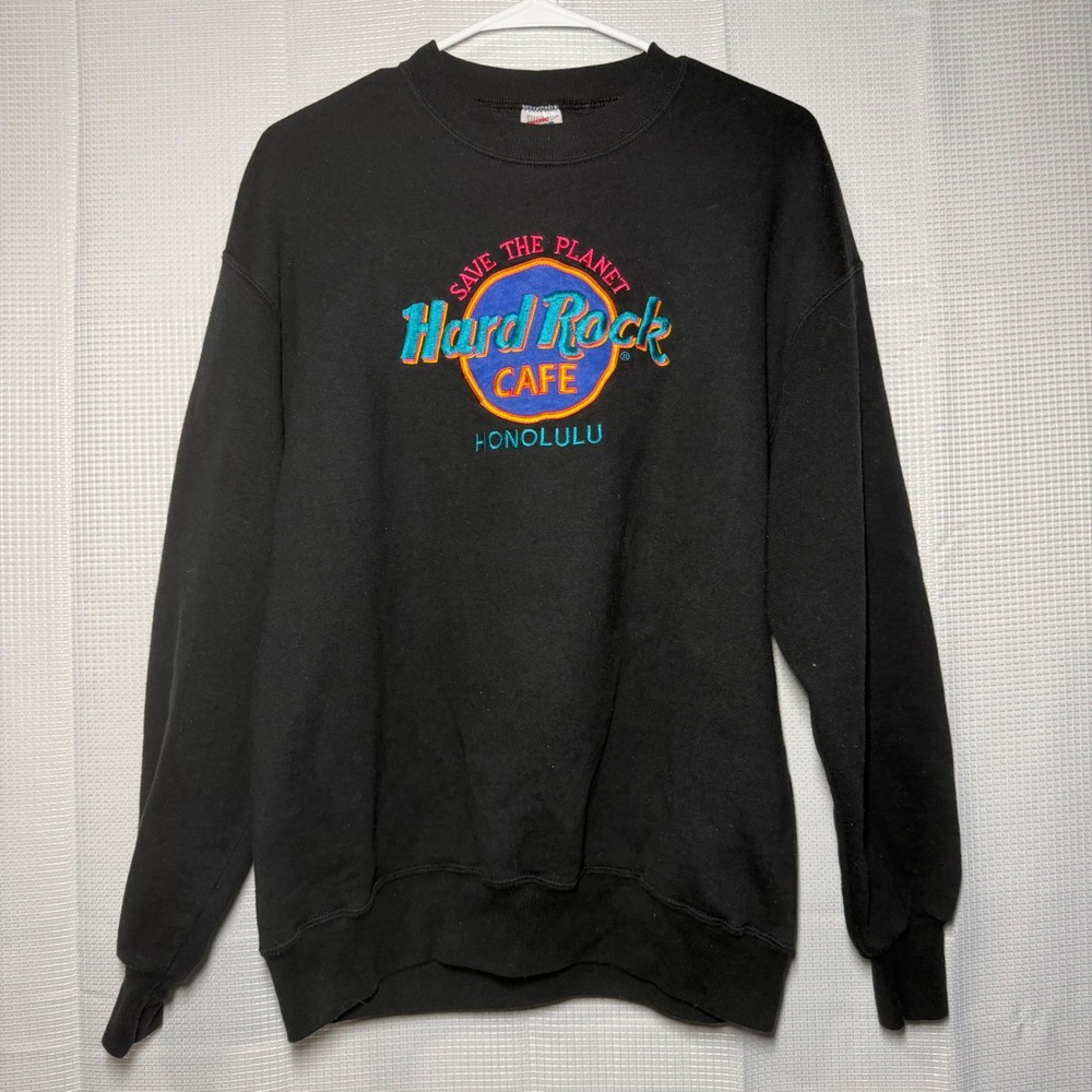 Hard Rock‎ Cafe Honolulu Sweatshirt L Black Embroidered Save The Planet Vintage